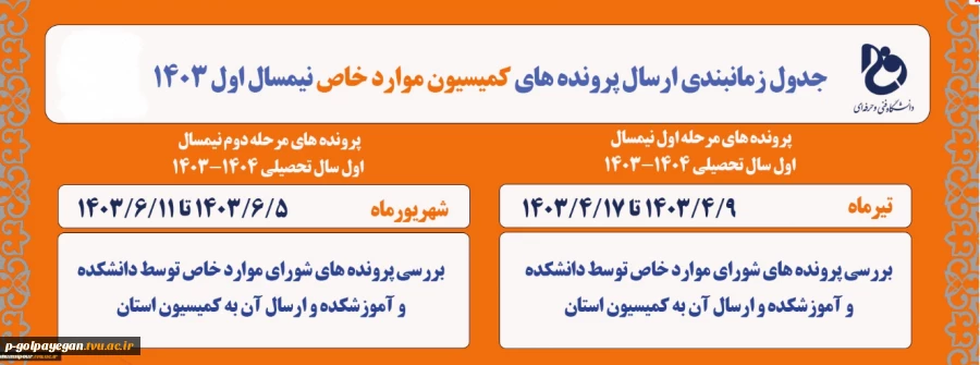 جدول زمانبندی ارسال پرونده های کمیسیون موارد خاص نیمسال اول 1403

 2